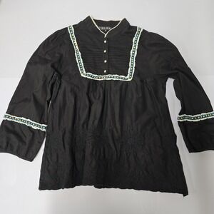 ZEBO Black Eyelet Lace Trimmed Embroidered Blouse Top Size M